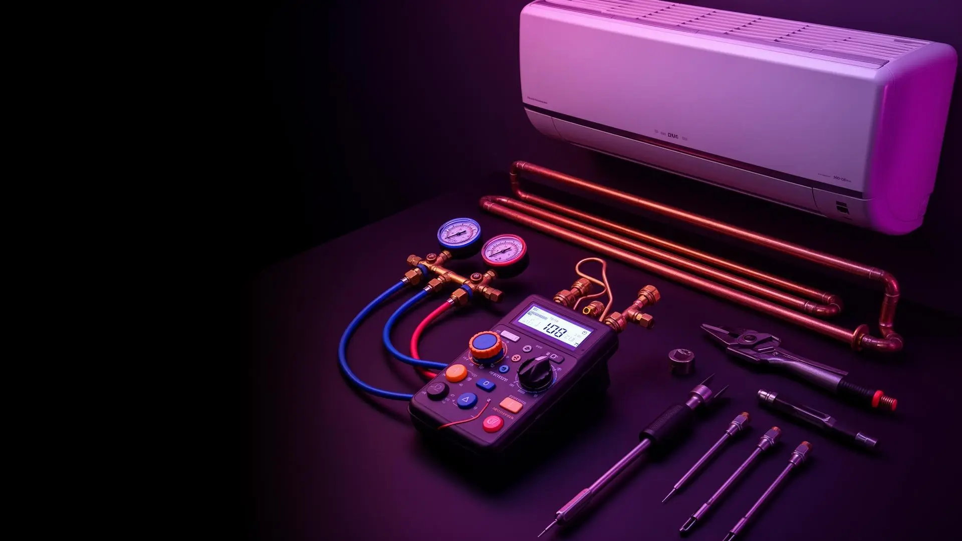HVAC service tools and modern air conditioning unit