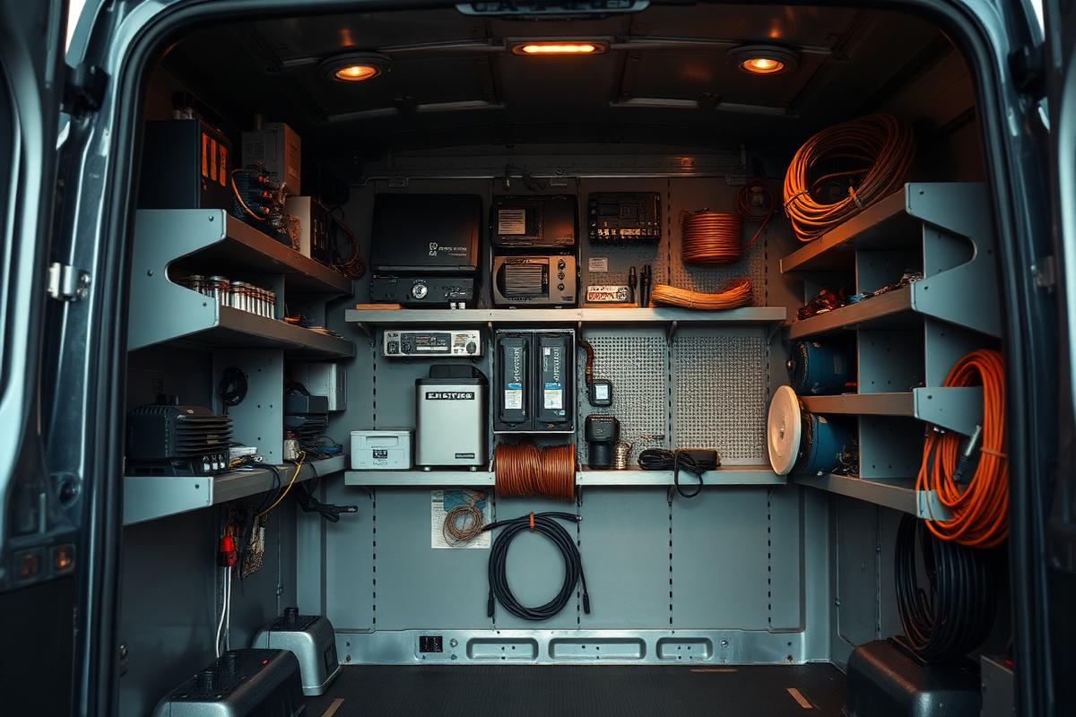Organized HVAC parts and wiring stocked inside a service van