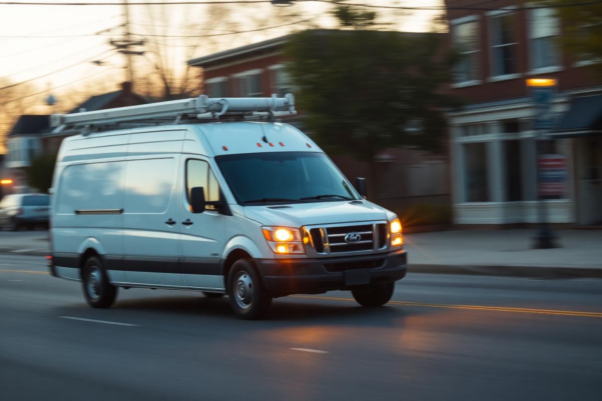 White HVAC service van driving through a small-town street at dawn